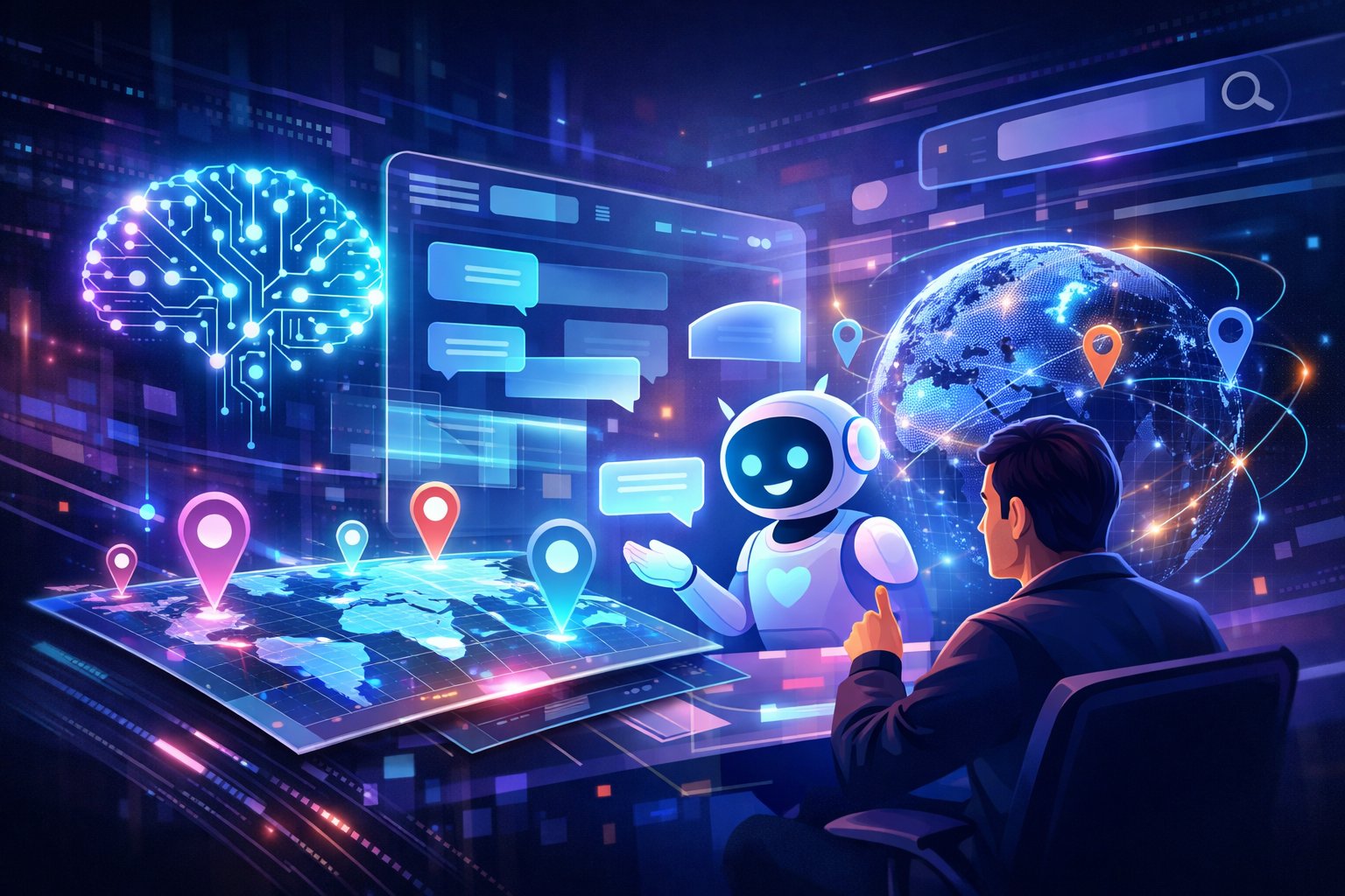 A digital help center interface with AI icons and geo-location markers showing how AI and geographic data improve search and user support.
