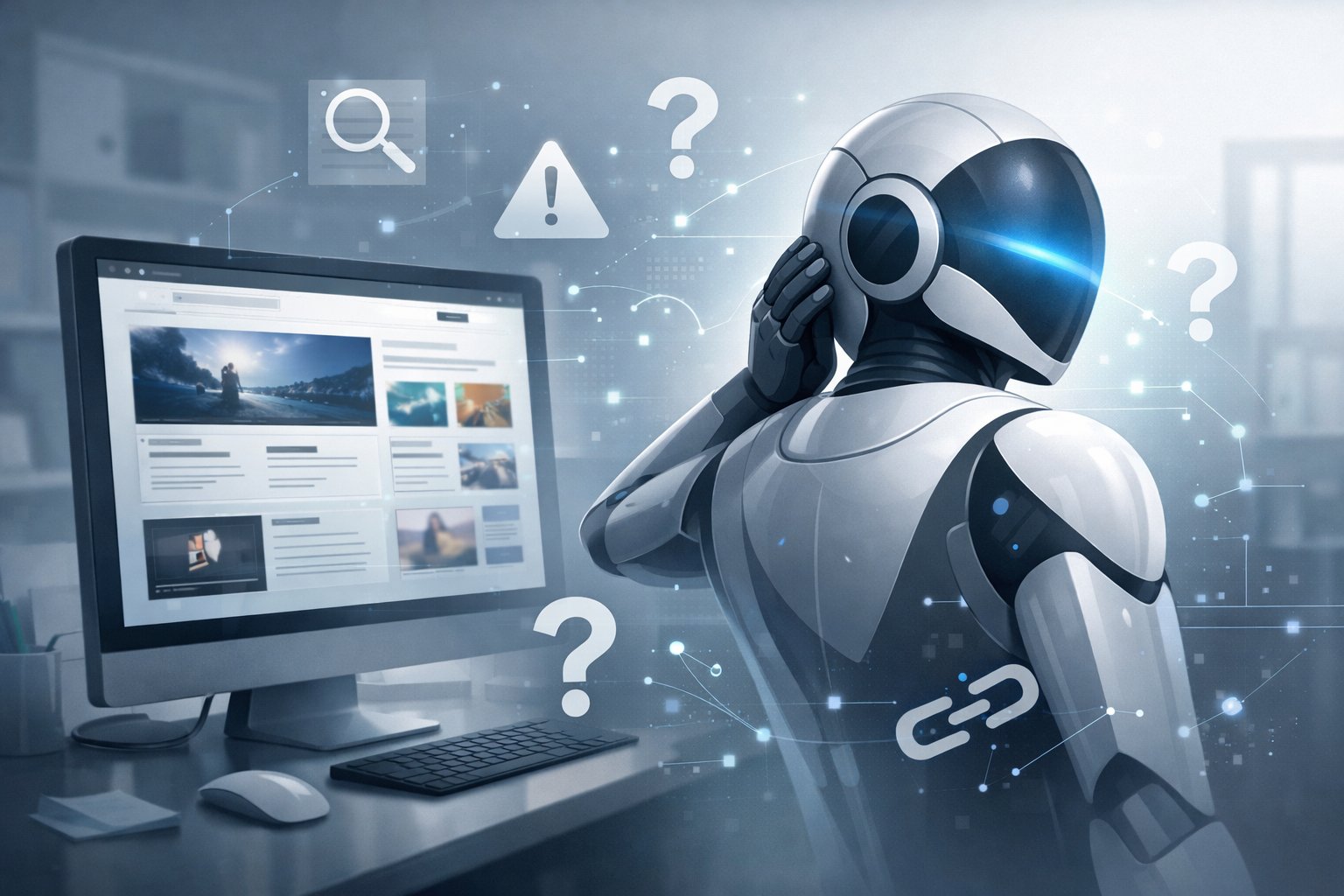 A robot turning away from a computer screen displaying a website, surrounded by floating data symbols and question marks.